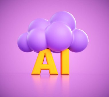 A playful purple cloud floats above bold yellow letters spelling AI, set against a soft purple background. This is a 3d render illustration