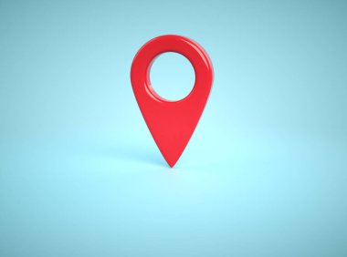 A bright red location pin is centered on a soft blue background, representing concepts of navigation and finding places. This is a 3d render illustration
