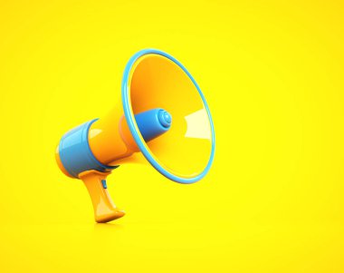 A colorful megaphone stands on a vivid yellow surface, showcasing its blue and orange design. This bold image captures the essence of communication and attention-grabbing messages. This is a 3d render illustration