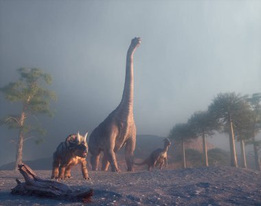 Üç dinozor, ağaçlar ve kaya oluşumlarıyla dolu engebeli bir araziyi keşfediyor. Bu 3 boyutlu bir çizim.