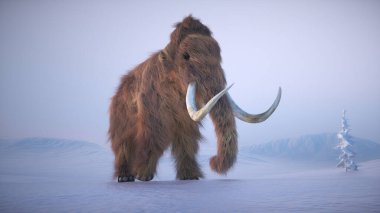 Tüylü bir mamut karlı bir ortamda dolaşır, büyük boyutunu ve farklı dişlerini gösterir. Buzul çevresi, buzul çağı ortamını ve memelinin kürkünü ön plana çıkarıyor. Bu 3 boyutlu bir çizim.