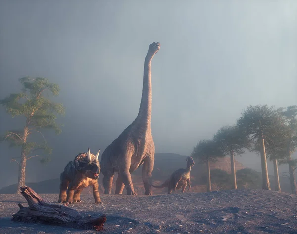 Üç dinozor, ağaçlar ve kaya oluşumlarıyla dolu engebeli bir araziyi keşfediyor. Bu 3 boyutlu bir çizim.