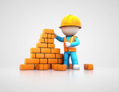 Sıkı bir şapka ve güvenlik yeleği giyen bir inşaat işçisi küçük bir duvar inşa etmek için turuncu tuğlaları istifliyor. Bu 3 boyutlu bir çizim.