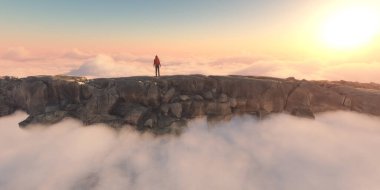 Yalnız bir yürüyüşçü engebeli bir dağın tepesinde duruyor, bulutlar denizinin üzerinde gün doğumunu seyrediyor. Bu 3 boyutlu bir çizim.