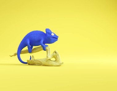 Mavi bir bukalemun bükülmüş bir dala tünemiş, canlı rengini neşeli sarı bir zemin üzerinde sergiliyor. Bu 3 boyutlu bir çizim.