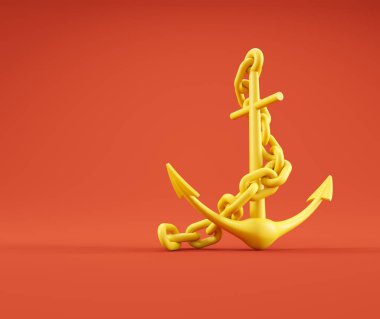 Sarı bir çapa, koyu kırmızı zemin üzerine kurulmuş zincirlerle sarmalanır. Bu 3 boyutlu bir çizim.