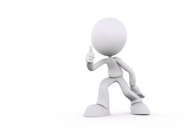 Pürüzsüz, özelliksiz bir tasarımı olan üç boyutlu bir karakter düz bir yüzeyde duruyor, gülümsüyor ve baş parmak işareti yapıyor. Bu poz pozitifliği ve teşviği ifade eder. Bu 3 boyutlu bir çizim.