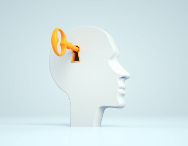 Turuncu anahtarı olan insan kafasının stilize edilmiş beyaz silueti. Çözüm konsepti, kilidi açmak, akıl sağlığı. Bu el yapımı 3 boyutlu bir çizim..