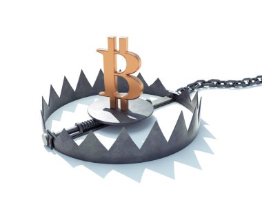 Bitcoin tuzağı. Finansal risk, tehlikeli yatırım, dolandırıcılık, ekonomik konsept, kriz. Bu el yapımı 3 boyutlu bir illüstrasyon..