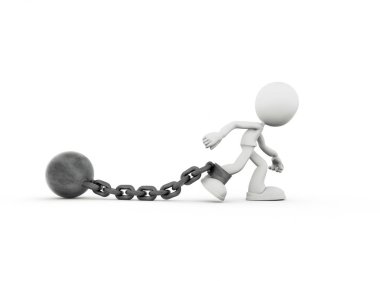 3 Boyutlu Topun ve Zincirin Sürüklenmesi: Yük, Borç veya Mücadele kavramı. Bu el yapımı 3 boyutlu bir illüstrasyon.