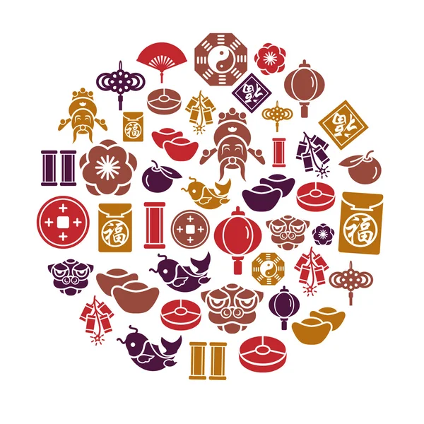 Chinese New Year Icons in Circle Shape — Stock Vector