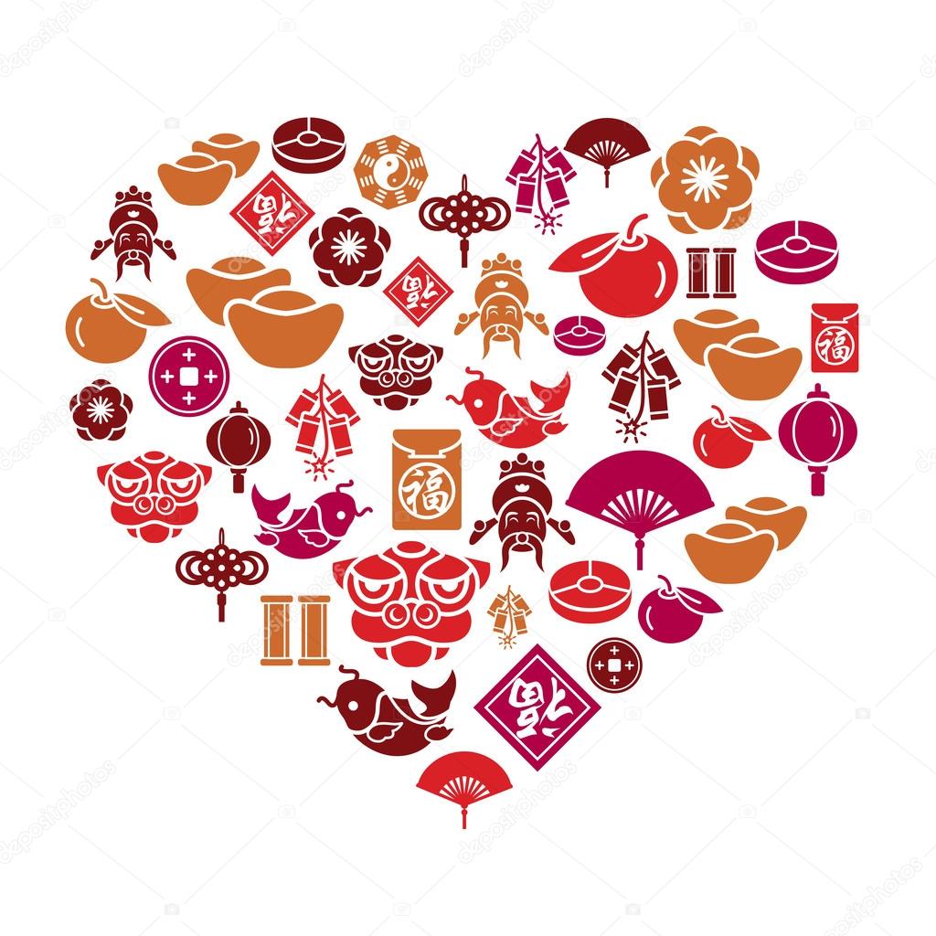 Chinese New Year Icons in Heart Shape