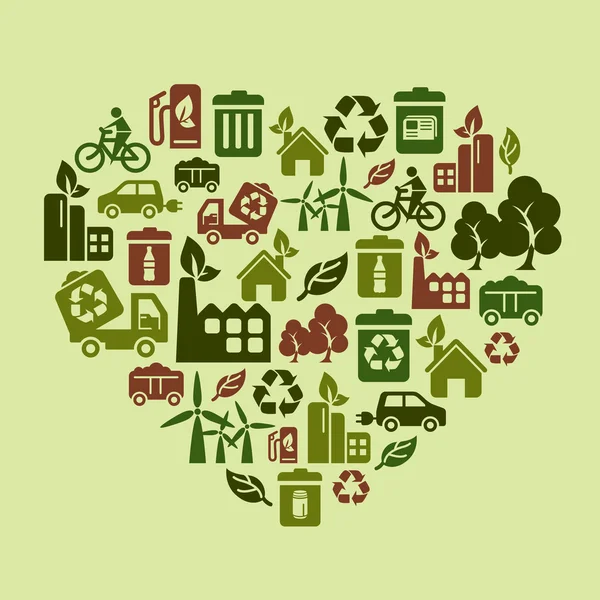 Icônes de protection de l'environnement en forme de coeur — Image vectorielle