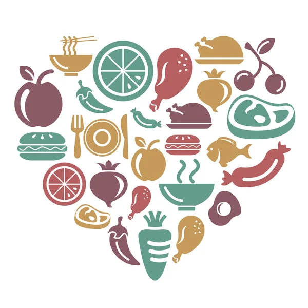 Icônes alimentaires, fruits et légumes en forme de coeur — Image vectorielle