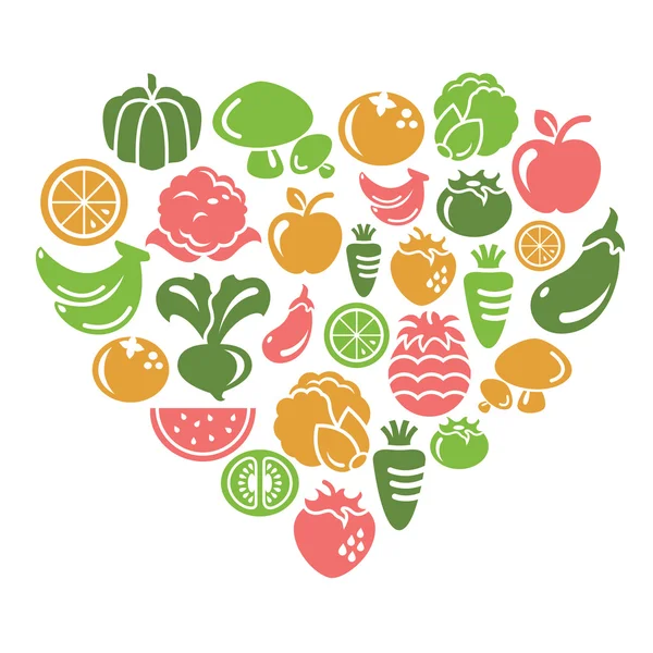 Icone di frutta e verdura a forma di cuore — Vettoriale Stock