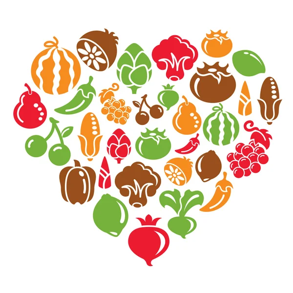 Owoców i warzyw ikony w kształcie serca — Wektor stockowy
