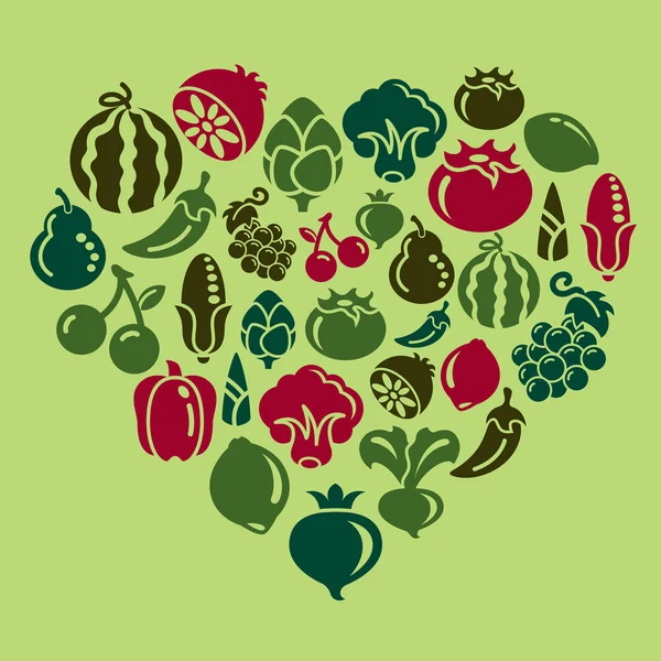 Fruit and Vegetable Icons in Heart Shape — Stock Vector