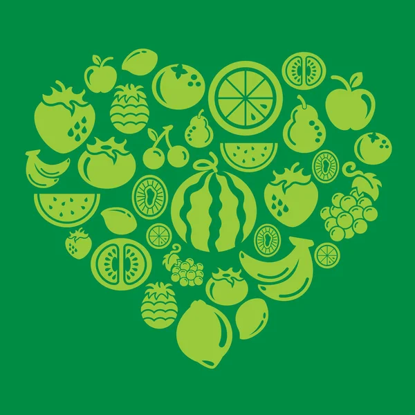 Iconos de frutas en forma de corazón — Vector de stock