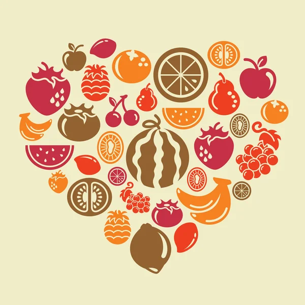 Fruits icônes en forme de coeur — Image vectorielle