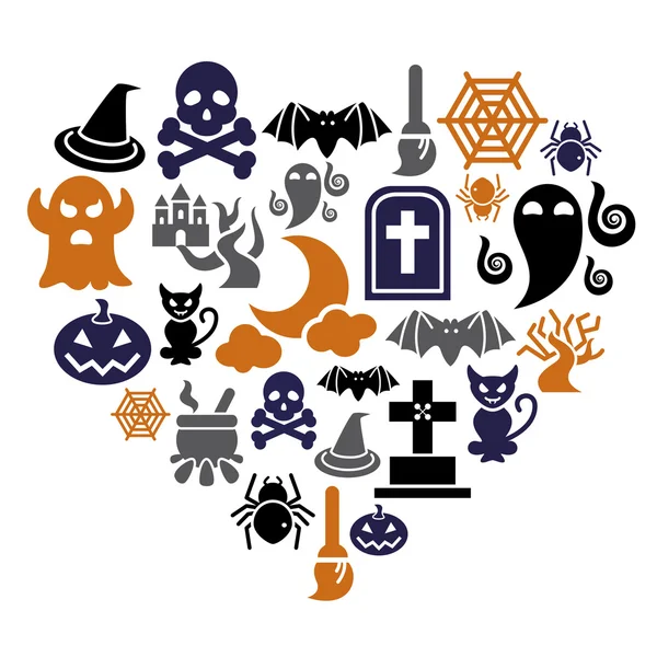 Iconos de Halloween en forma de corazón — Vector de stock