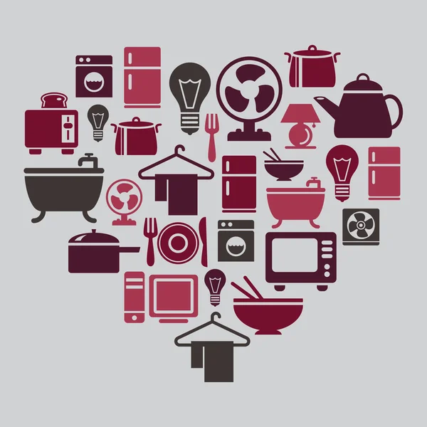 Houseware Icons in Heart Shape — Stock Vector