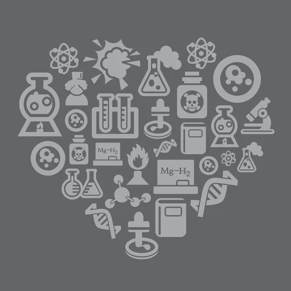 Wetenschap en chemie pictogrammen in hart vorm — Stockvector
