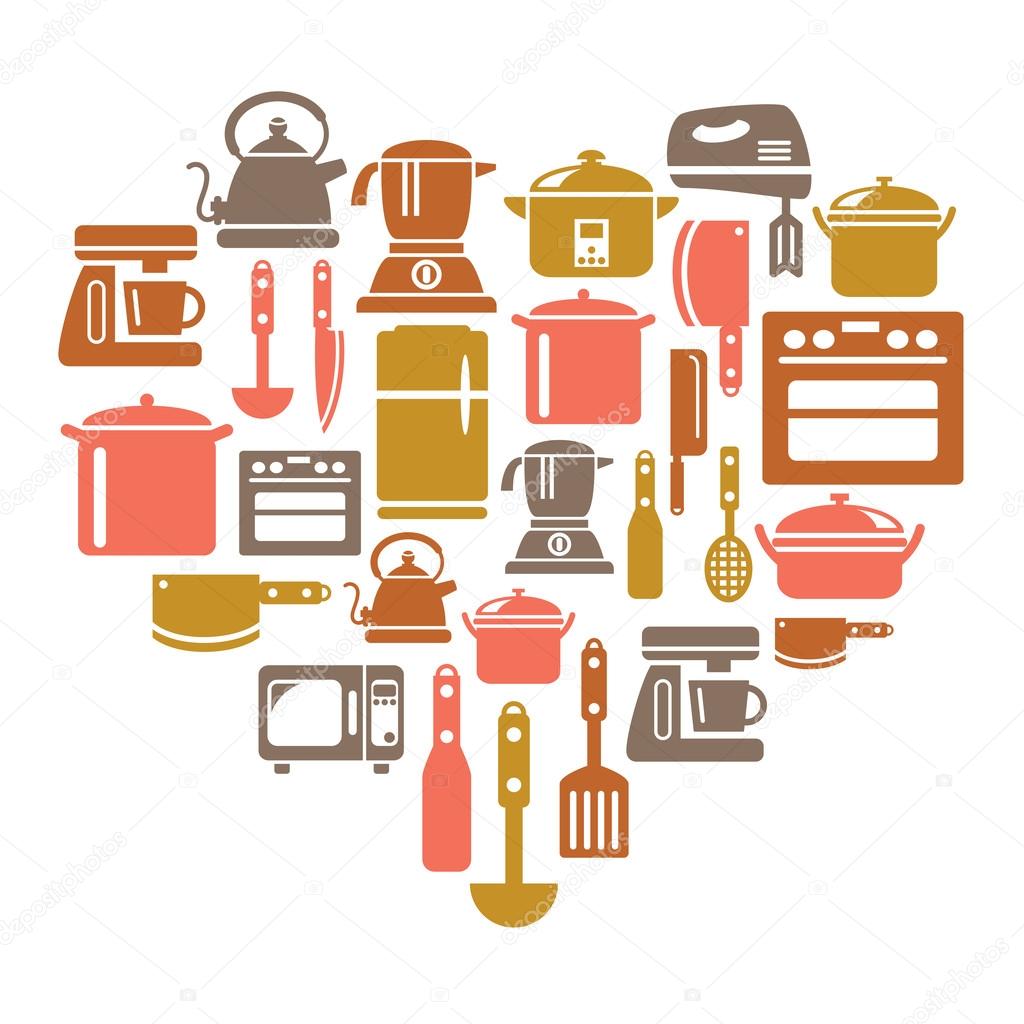 Kitchen Utensils and Appliances Icons in Heart Shape