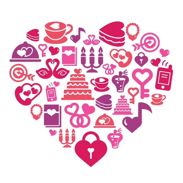 Valentines and Love Icons in Heart Shape — Stock Vector