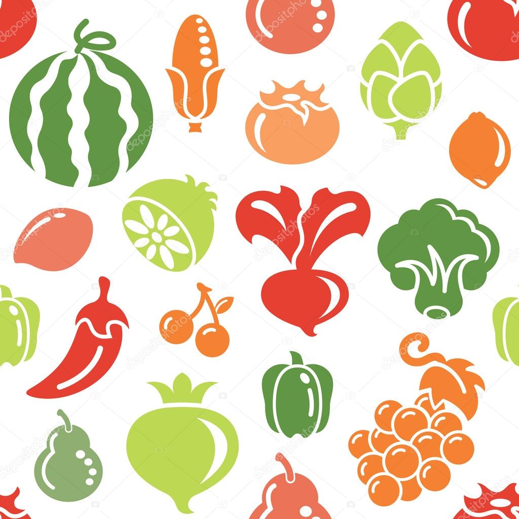 Fruit and Vegetable Icons in Seamless Background