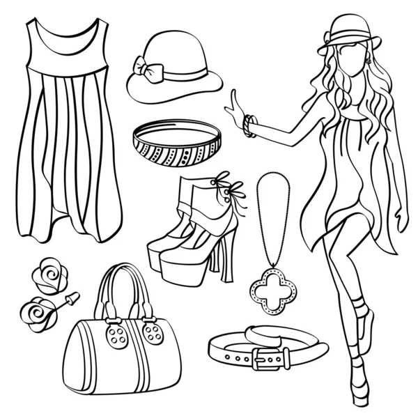 Mode dame avec vêtements et accessoires — Image vectorielle