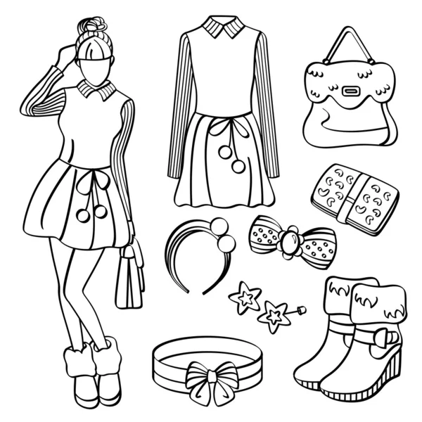 Señora de la moda con ropa y accesorios — Vector de stock