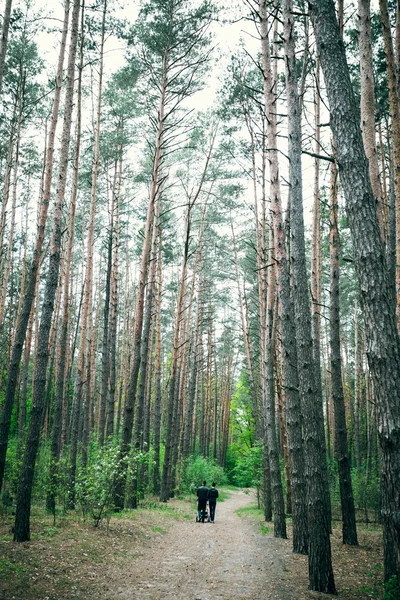 Pareja joven enamorada caminando por el bosque — Foto de Stock