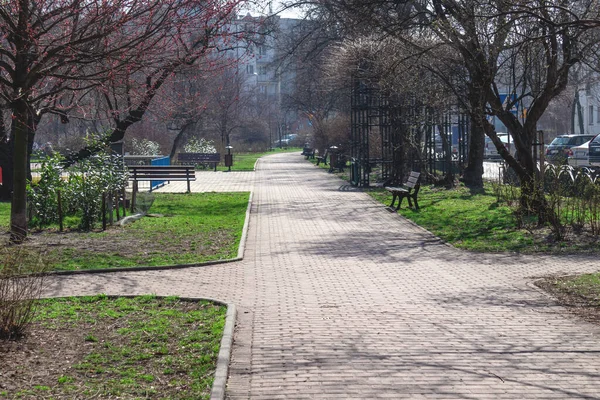 Весенний Ландшафтный Парк Пешеходными Дорожками Внутри Жилого Района — стоковое фото