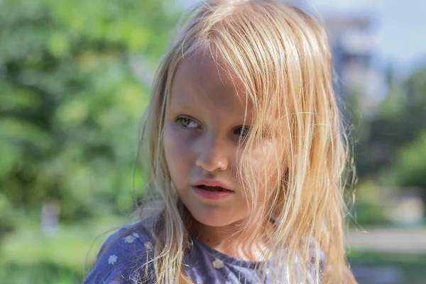 Retrato Uma Menina Bonito Anos Adorável Loira Cabelos Longos Close — Fotografia de Stock