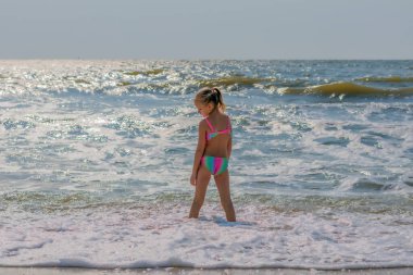 Deniz kabuğu, deniz kıyısındaki bir çocuğun portresi, tamamen büyümüş, 7 yaşında mayo giymiş, deniz suyunda duran, arkadan gören bir kız.