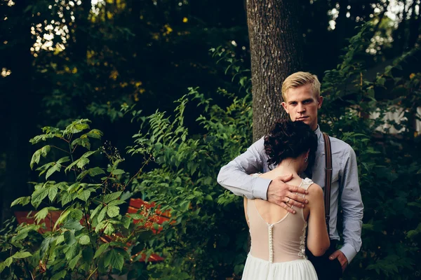 Brudgummen försiktigt omfamna sin brud — Stockfoto