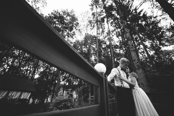 Bride and groom posing on the verandah — Stock Photo, Image