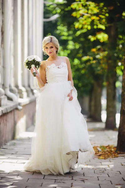 Jeune belle mariée posant à l'extérieur — Photo