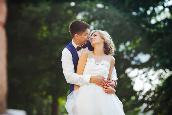 Vackra bröllopsparet kramas i parken — Stockfoto