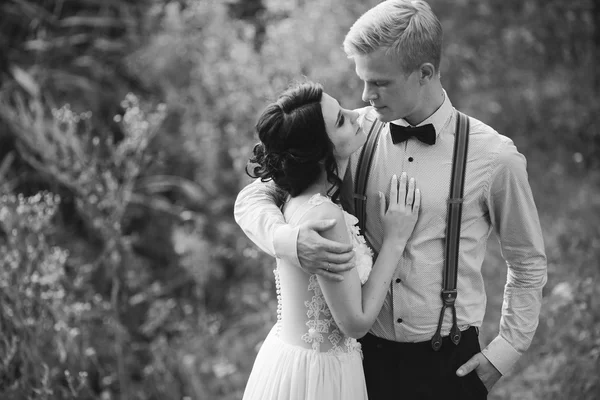 Sposo abbracciare dolcemente sposa — Foto Stock