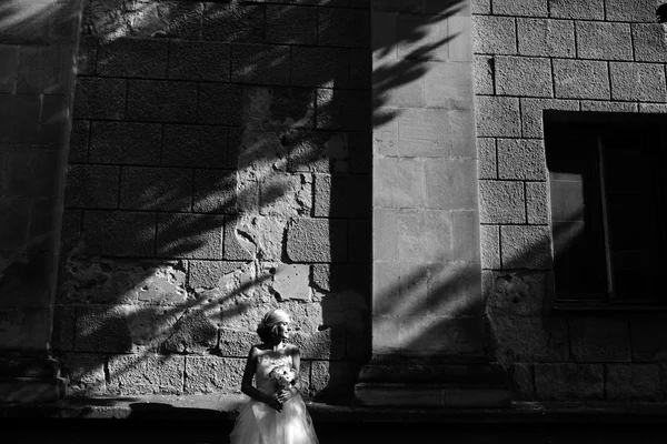 Novia posando sobre fondo de pared de piedra — Foto de Stock