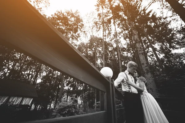 Νύφη και ο γαμπρός ποζάρει στον χώρο της βεράντας — Φωτογραφία Αρχείου