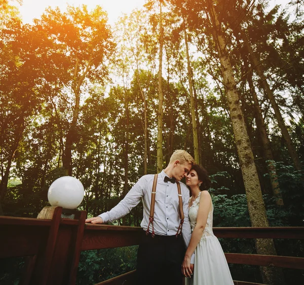 Brautpaar posiert auf der Veranda — Stockfoto