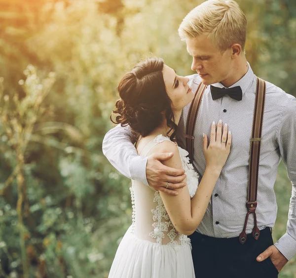 Sposo abbracciando dolcemente la sua sposa — Foto Stock