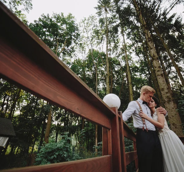 Noiva e noivo posando na varanda — Fotografia de Stock