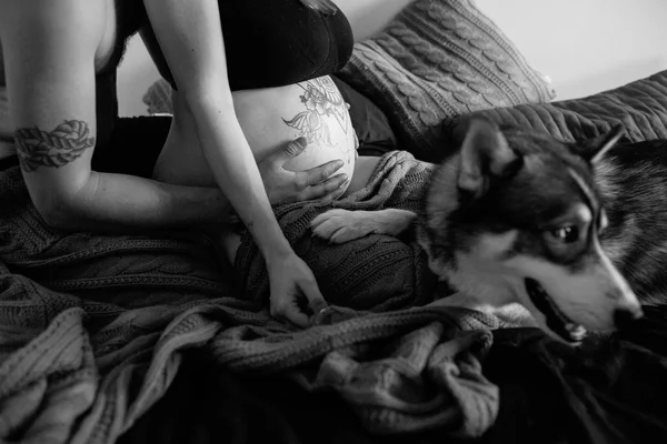 Mulher grávida, homem e cão sentados em uma cama — Fotografia de Stock