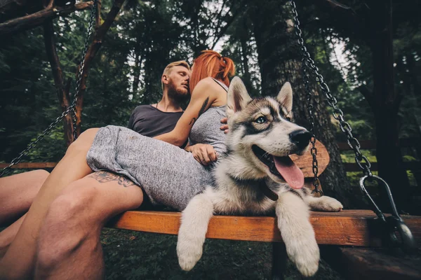 Belo par em conjunto com o cão em um balanço — Fotografia de Stock