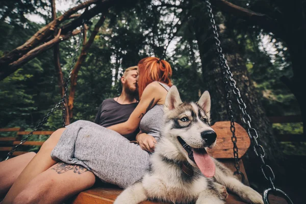 Piękna para wraz z psem na huśtawce — Zdjęcie stockowe