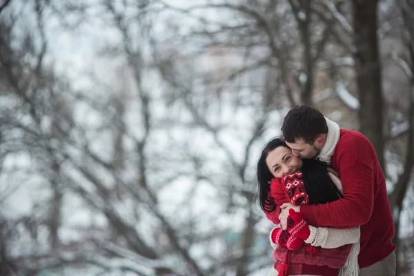 Férfi és nő, átölelve a hóval borított park — Stock Fotó