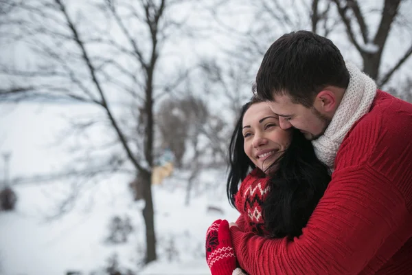 Man and woman hugging in snow-covered park — Stock Photo, Image